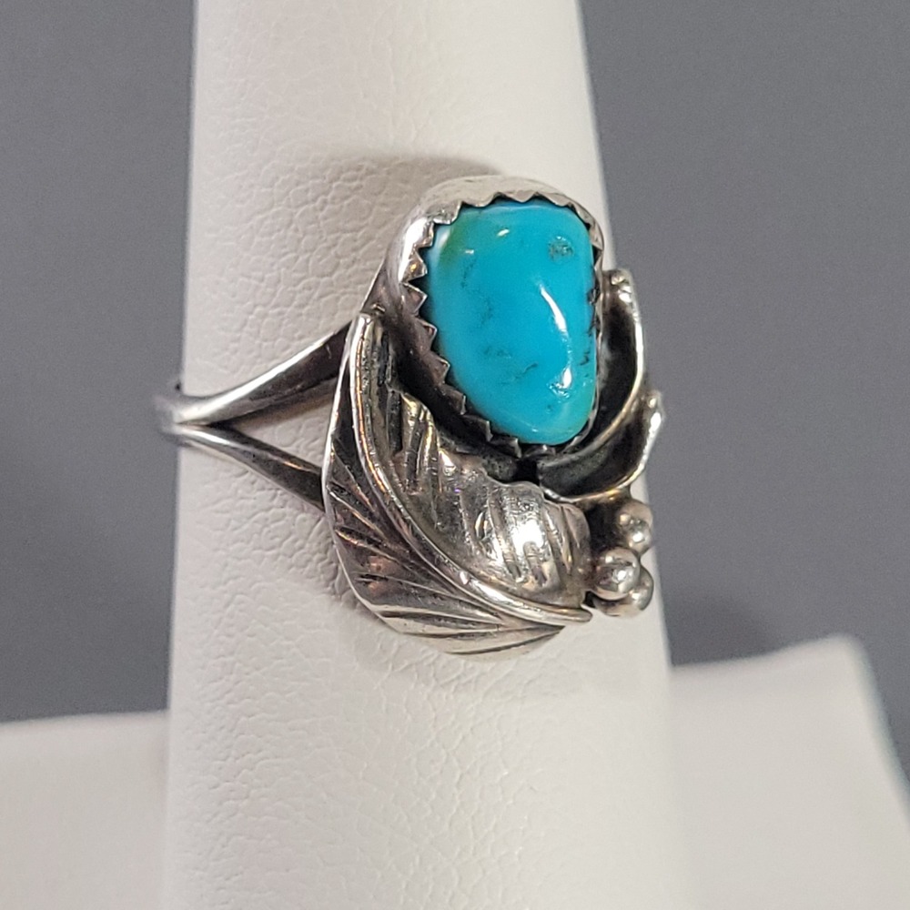 Sterling Silver Turquoise Ring Womens Size 6 Blue Leaf Bead Southwestern Style